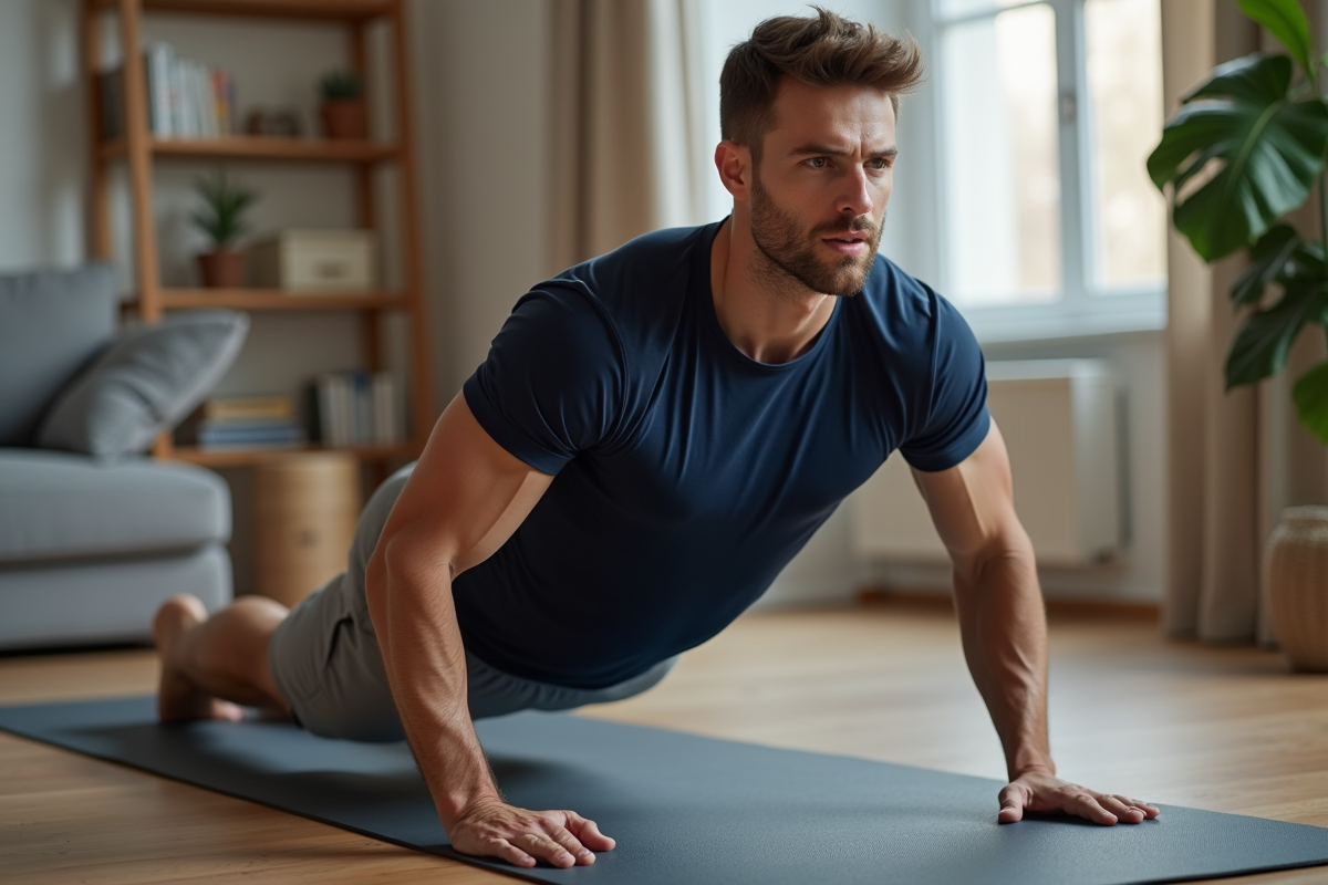 Homme en position de planche dans un salon moderne