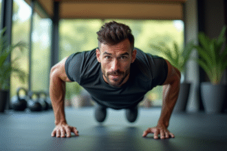 Homme en pleine séance de push-ups dans une salle de sport moderne