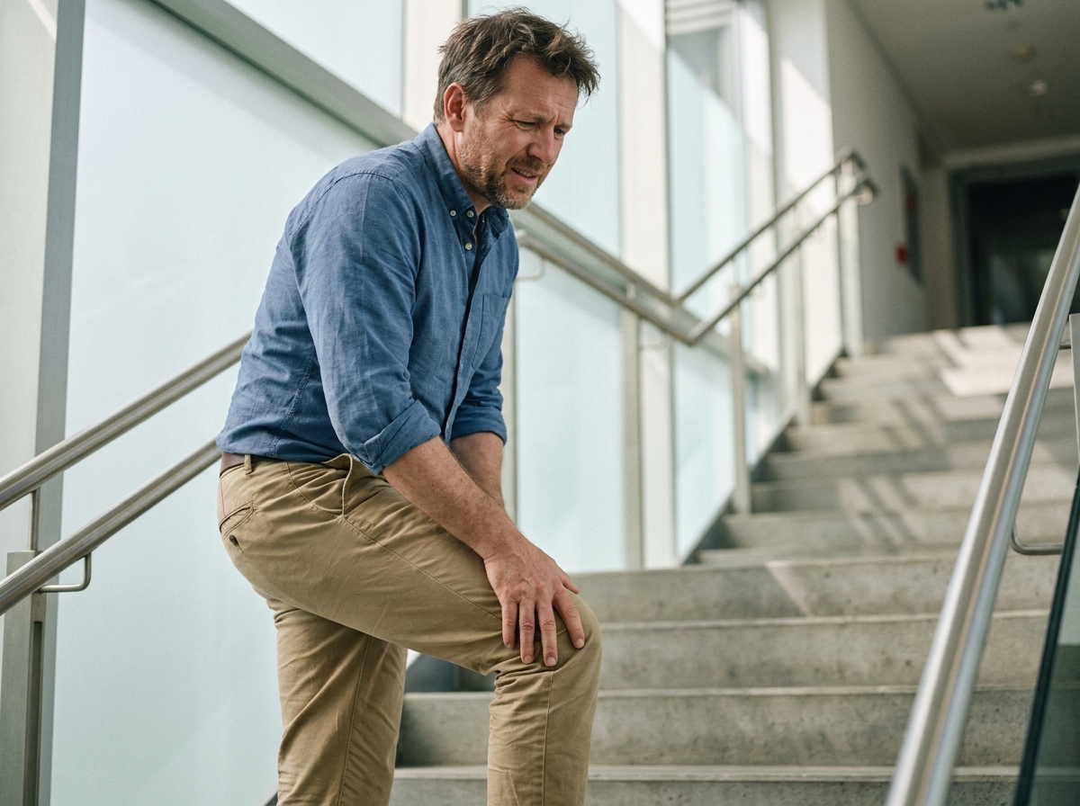 Homme d'âge moyen tenant son genou douloureux en montant un escalier dans un immeuble de bureaux