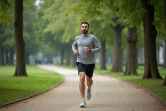 Homme d'âge moyen courant dans un parc urbain