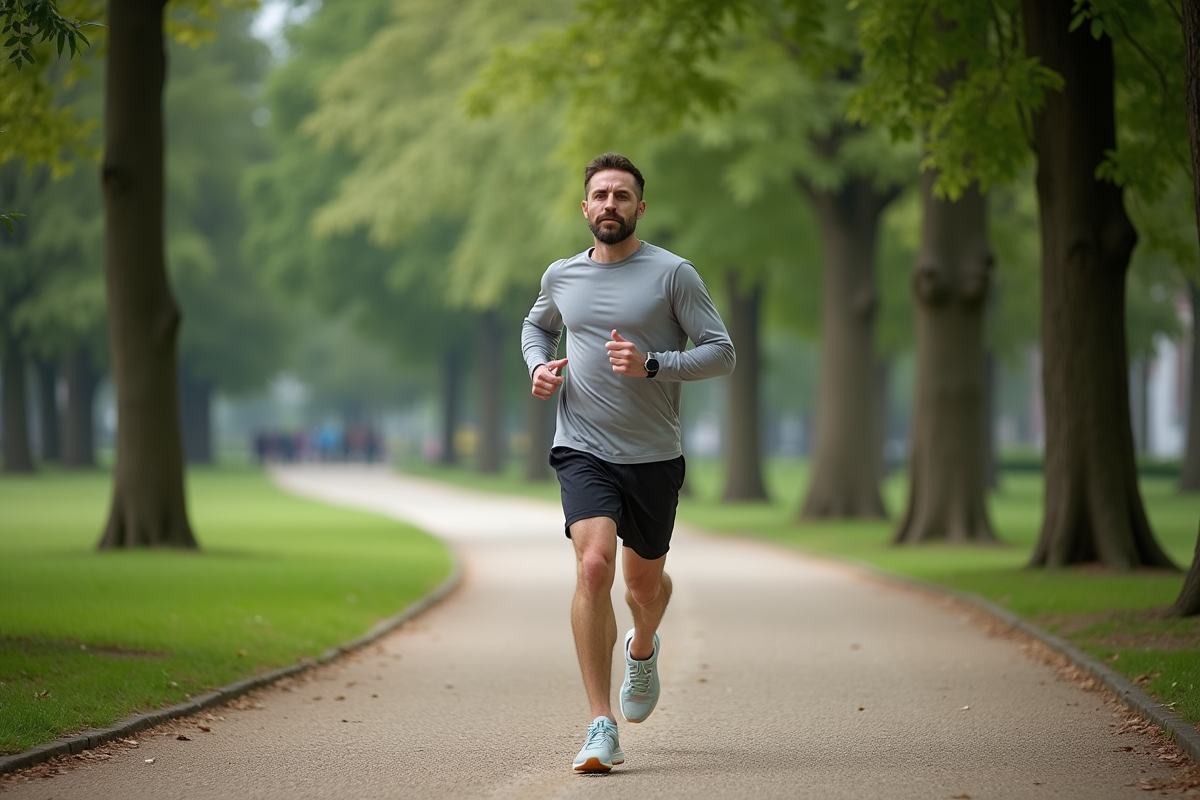 Homme d'âge moyen courant dans un parc urbain