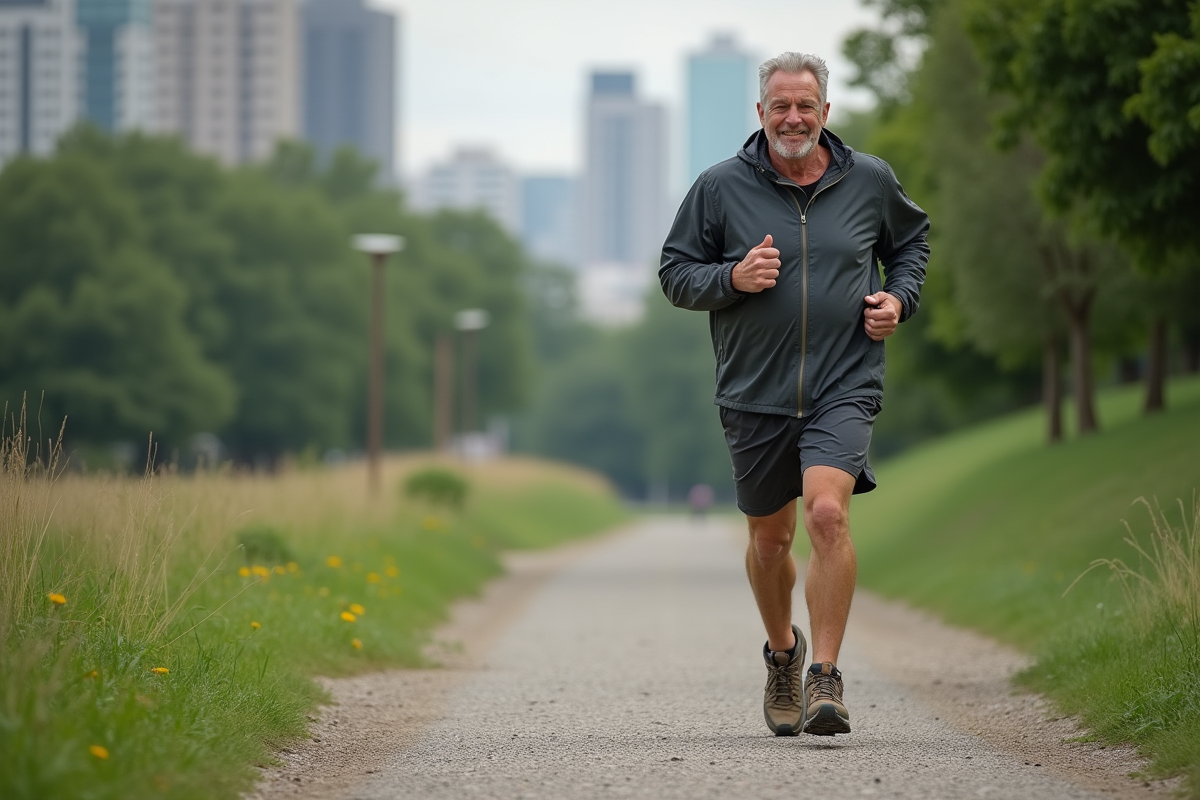 Homme courant dans un parc urbain avec chaussures de randonnée