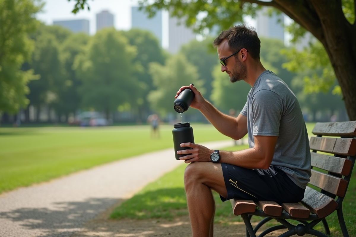 Homme actif buvant une boisson après course dans un parc