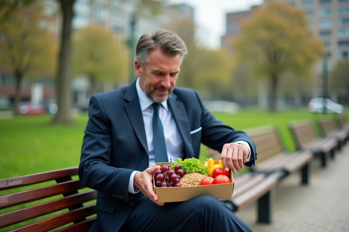 Homme d age avec lunchbox de vegetables dans un parc urbain