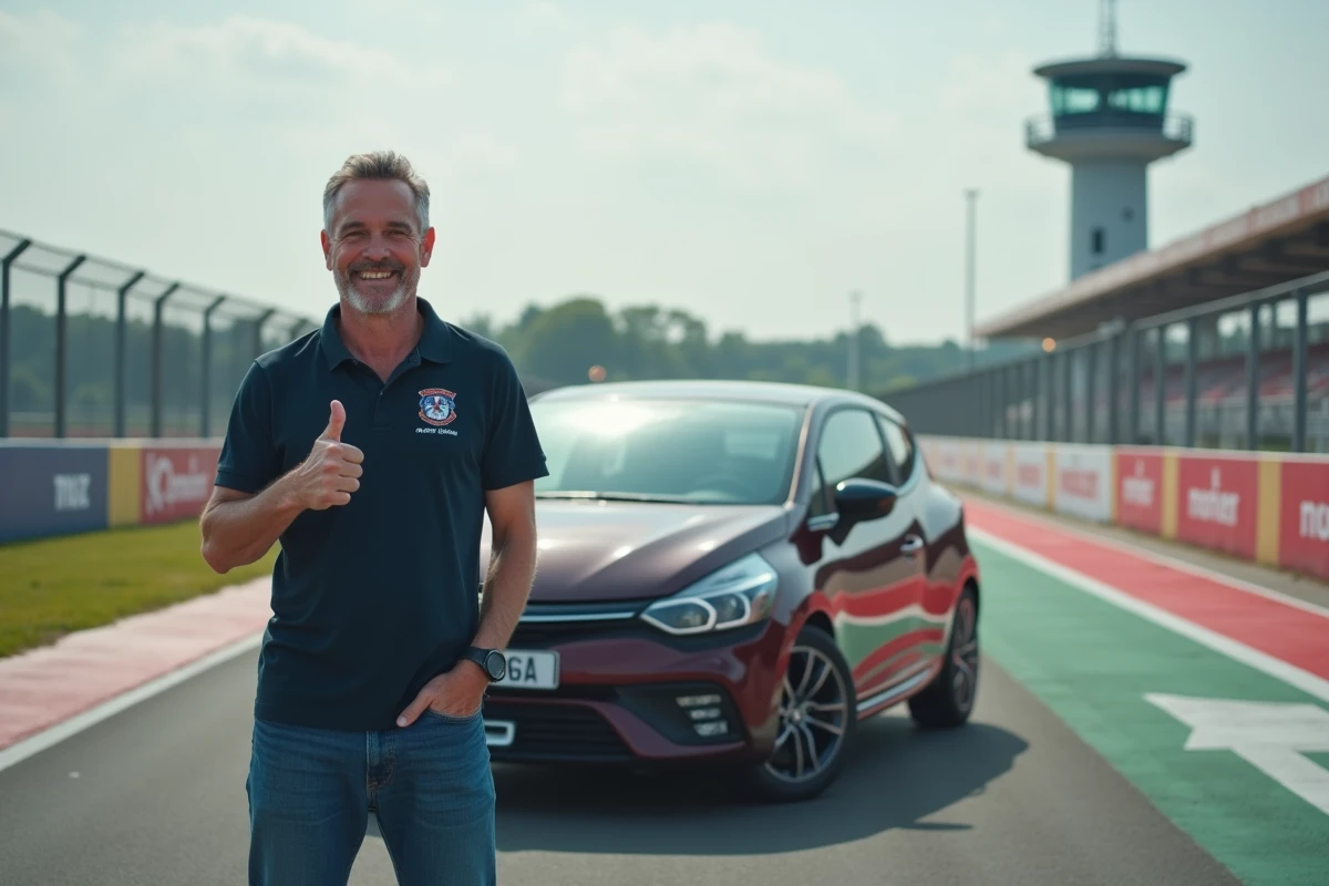 Homme souriant donnant un pouce dans la pit lane d