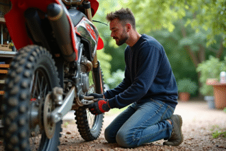 Homme en jeans et gants ajuste la chaîne d'une moto CRZ