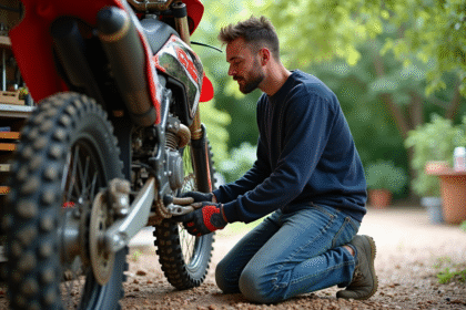 Homme en jeans et gants ajuste la chaîne d'une moto CRZ