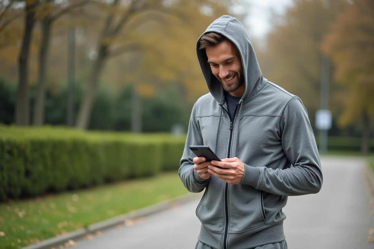 Homme en tenue de sport consultant une application de suivi de ses habitudes sportives sur smartphone en plein air