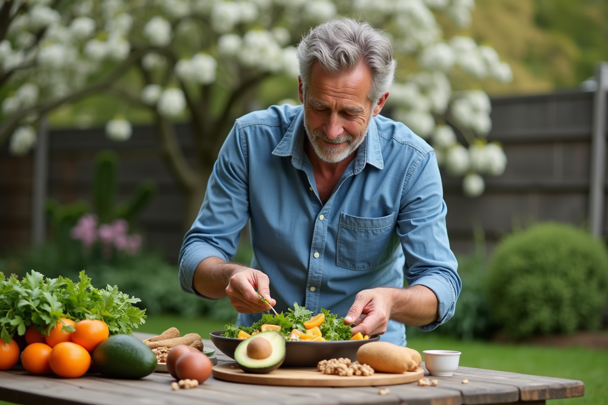 Homme préparant une salade dans un jardin verdoyant