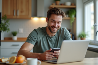 Homme détendu utilisant une application fitness à la maison