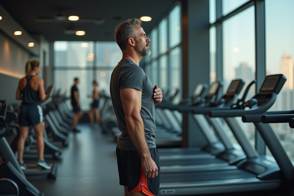 Homme en pause dans une salle de sport moderne
