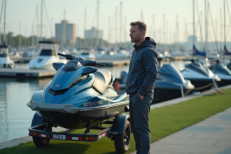 Homme en sportswear tenant un jet ski au bord de la marina
