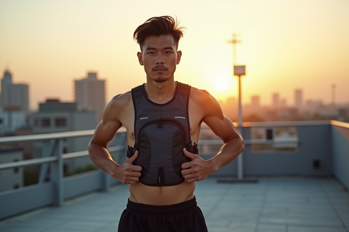 Homme préparant son sac de course sur un toit urbain