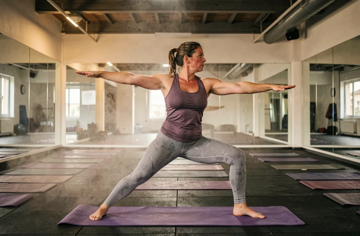 Femme en posture de guerrier II dans un studio de hot yoga à Montpellier, atmosphère vaporeuse et sol en caoutchouc sombre avec rangées de tapis alignés