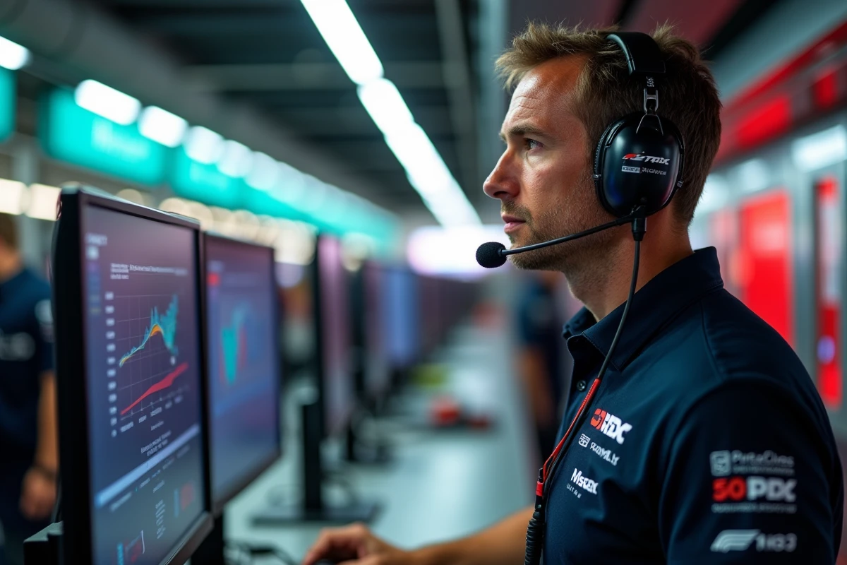 Ingénieur de course Formula 1 concentré devant des écrans de télémétrie au muret des stands, casque audio sur la tête, lors d'un Grand Prix en direct