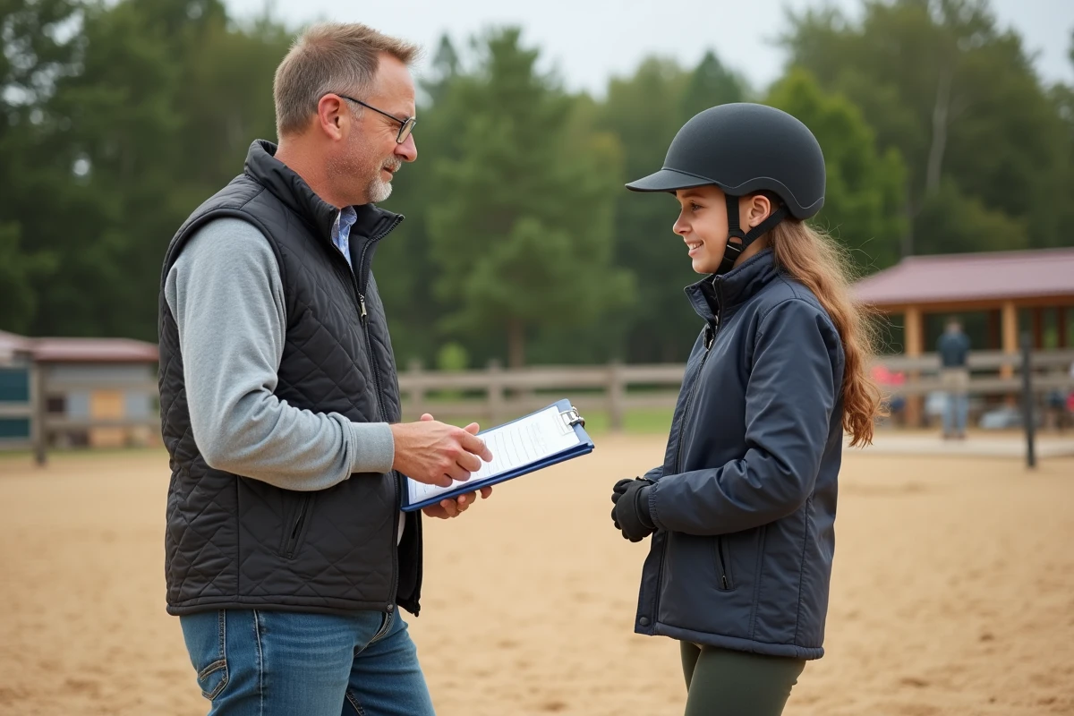 Instructeur parlant avec une jeune cavaliere en extérieur