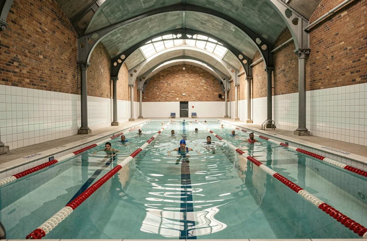 Intérieur de la piscine de la Butte-aux-Cailles avec ses bassins historiques et son architecture en briques typique de Paris