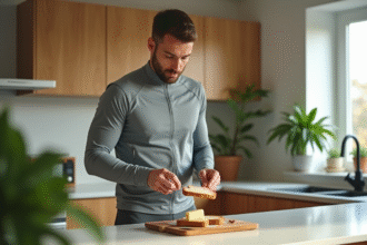 Jeune homme sportif étalant du beurre sur du pain complet dans une cuisine lumineuse