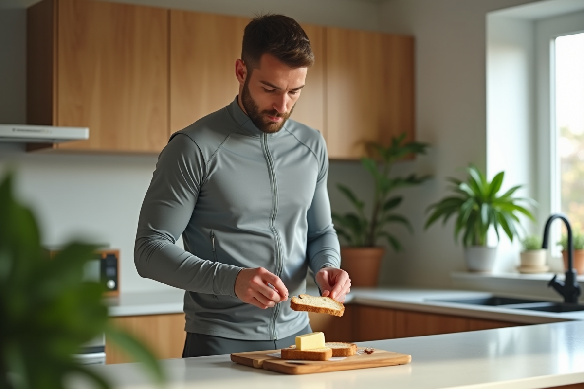 Jeune homme sportif étalant du beurre sur du pain complet dans une cuisine lumineuse
