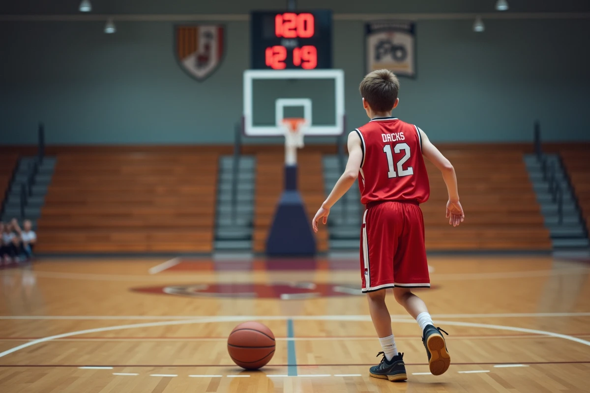 Jeune garçon en maillot de basketball rouge en pleine action