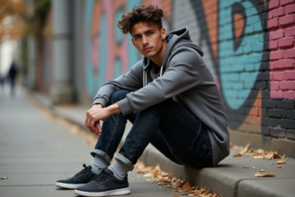 Jeune danseur de rue assis sur le trottoir en ville