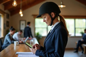 Jeune cavaliere regardant sa tablette en stalle