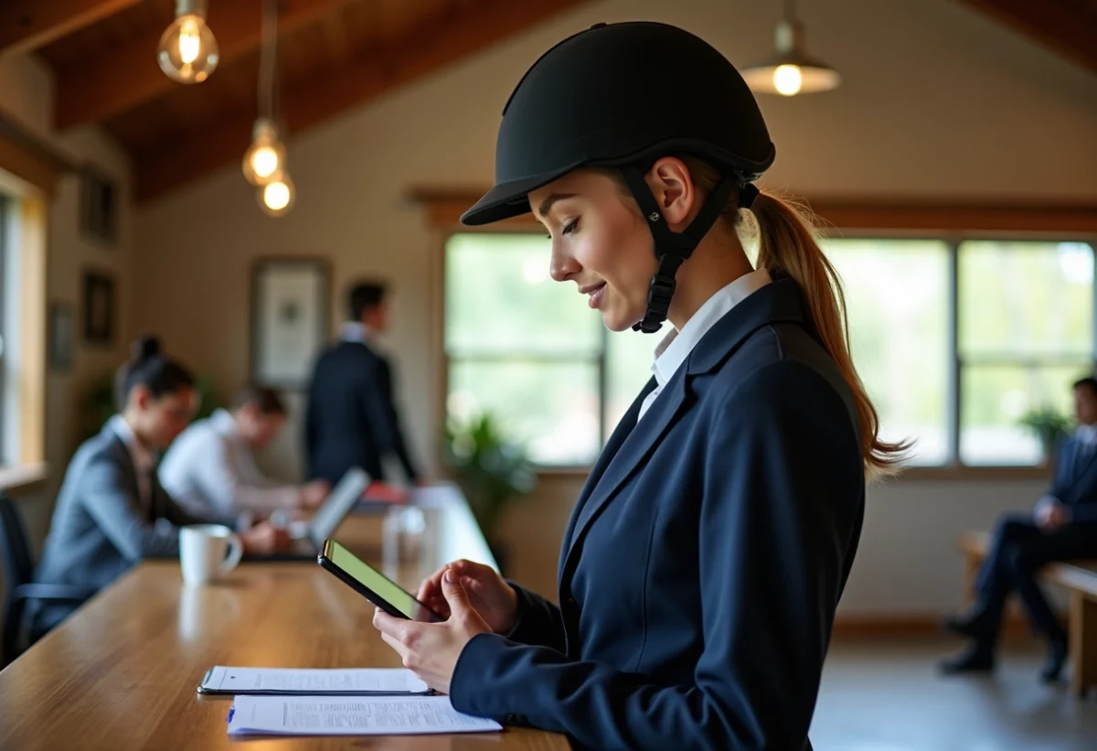 Jeune cavaliere regardant sa tablette en stalle