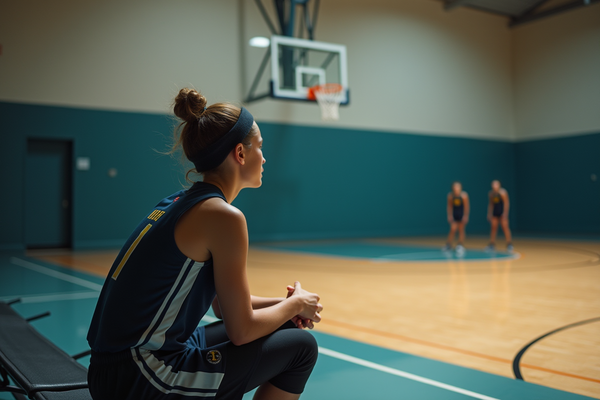 Jeune joueuse de basketball seule sur le banc en salle