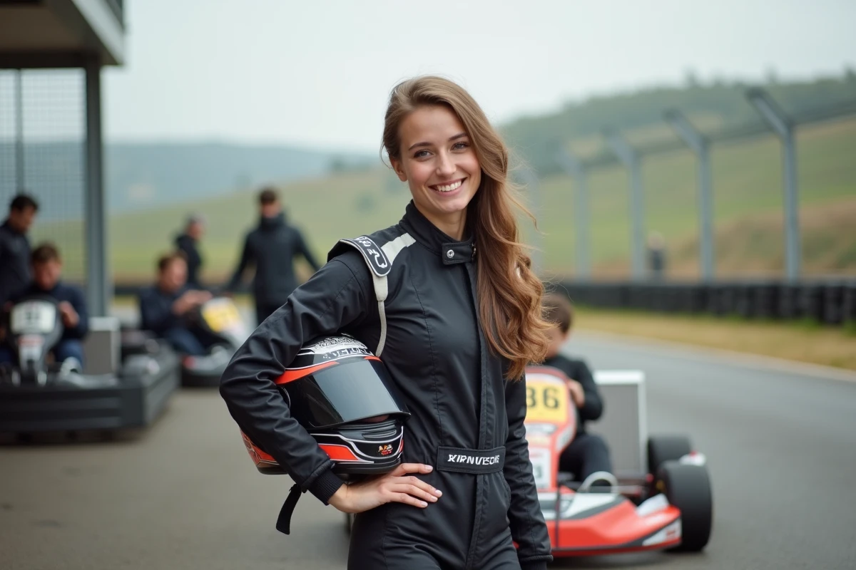 Jeune femme en combinaison de course et casque à côté d