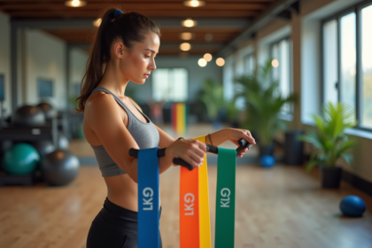 Jeune femme en salle de sport examinant des bandes de résistance colorées