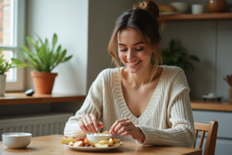 Jeune femme assemble un snack sain dans une cuisine lumineuse