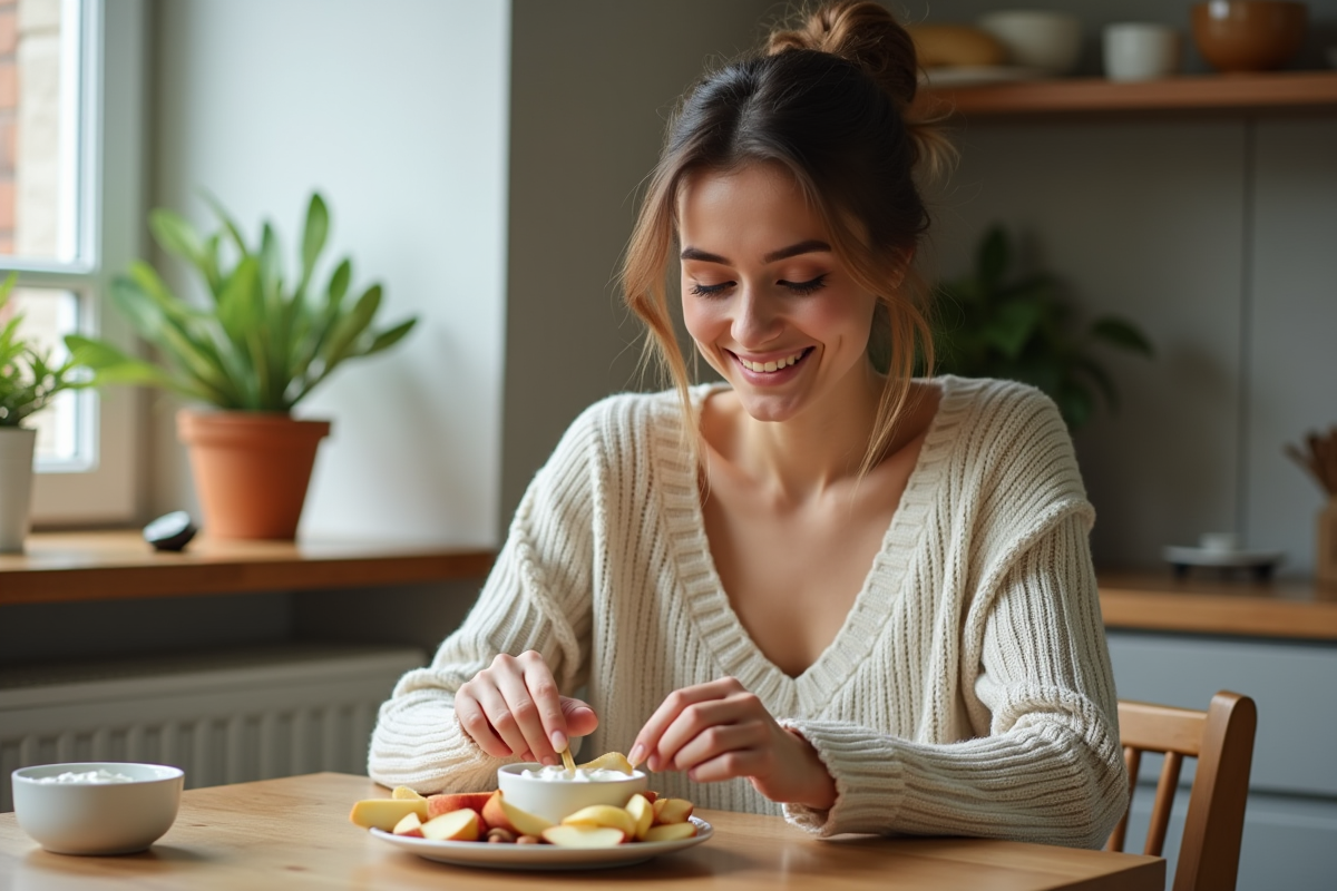Jeune femme assemble un snack sain dans une cuisine lumineuse