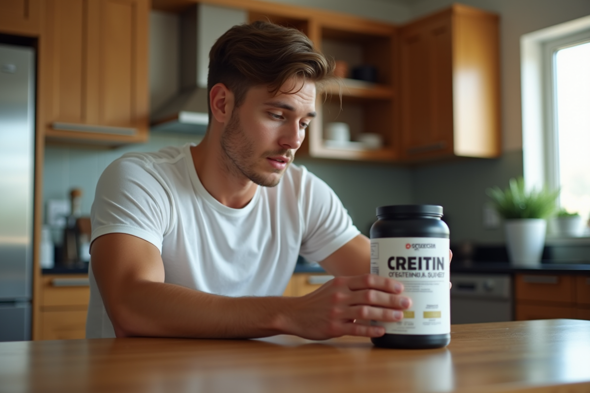 Jeune homme lisant l'étiquette de créatine dans une cuisine moderne