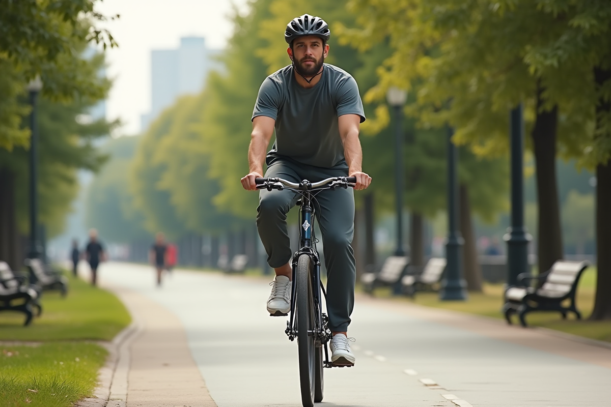 Jeune homme faisant du vélo dans un parc urbain