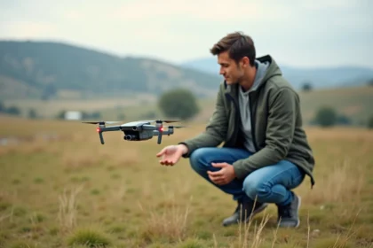 Jeune homme lançant un drone dans un champ vert