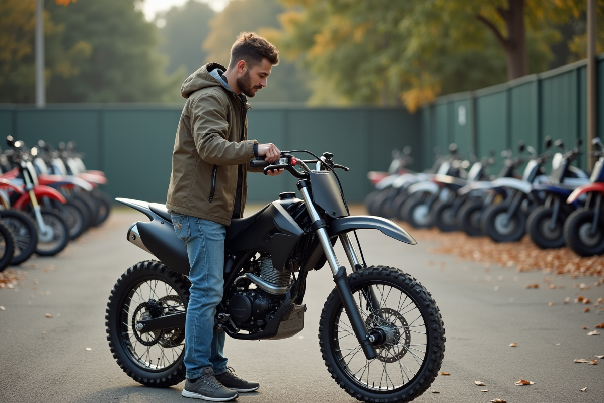 Jeune homme inspectant une moto 125cc en extérieur