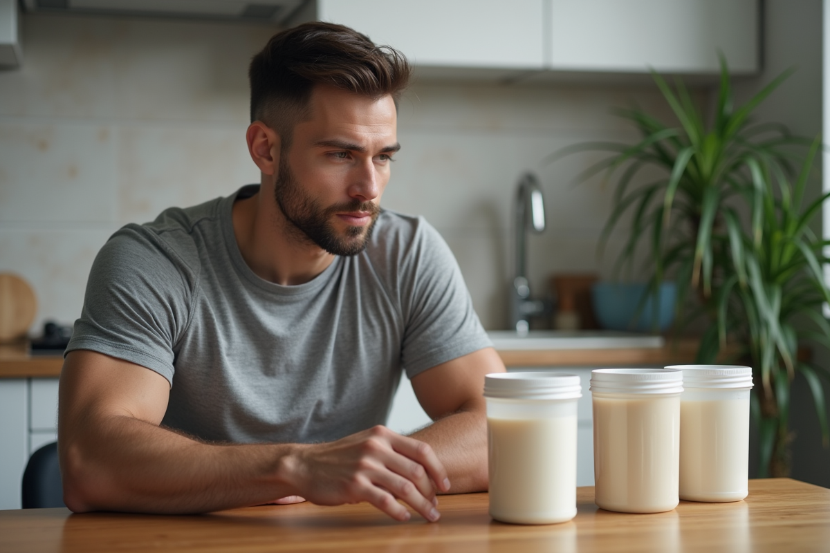 Jeune homme en cuisine compare trois tubs de whey