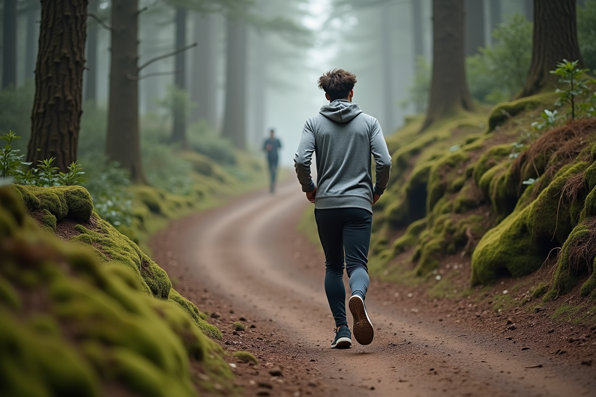 Jeune homme marche en forêt sur un sentier