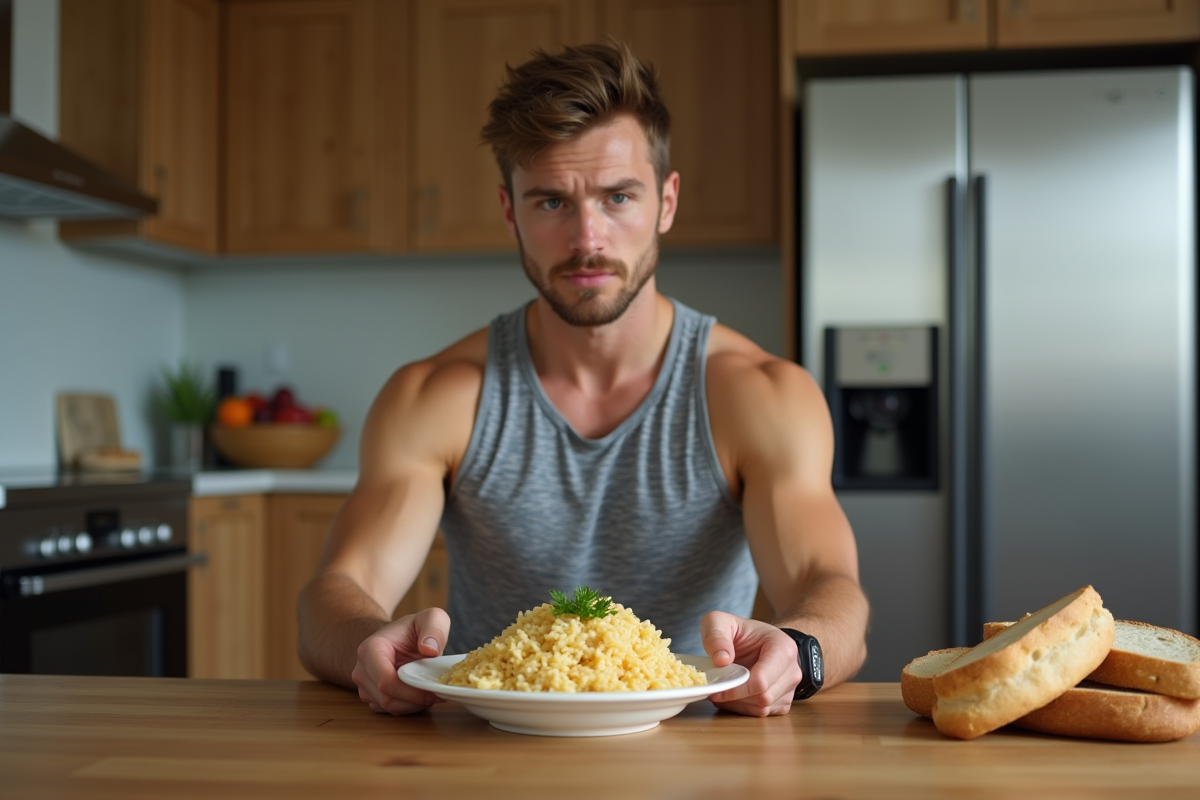 Jeune homme sportif mangeant un repas sain à la maison