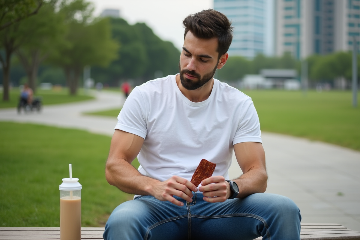 Jeune homme mangeant un snack en plein air dans un parc