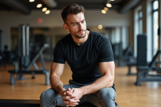 Jeune homme sportif assis sur un banc de gym en réflexion