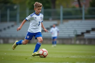 Jeune joueur du Sporting Club Aubagne Air Bel en train de dribbler sur le terrain d'entraînement lors d'une session de formation locale