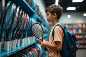 Jeune débutant choisissant une raquette de tennis dans un magasin lumineux