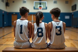 Trois jeunes basketteurs en jersey en attente après le match