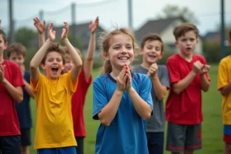 Groupe de jeunes en maillots de football colorés sur le terrain