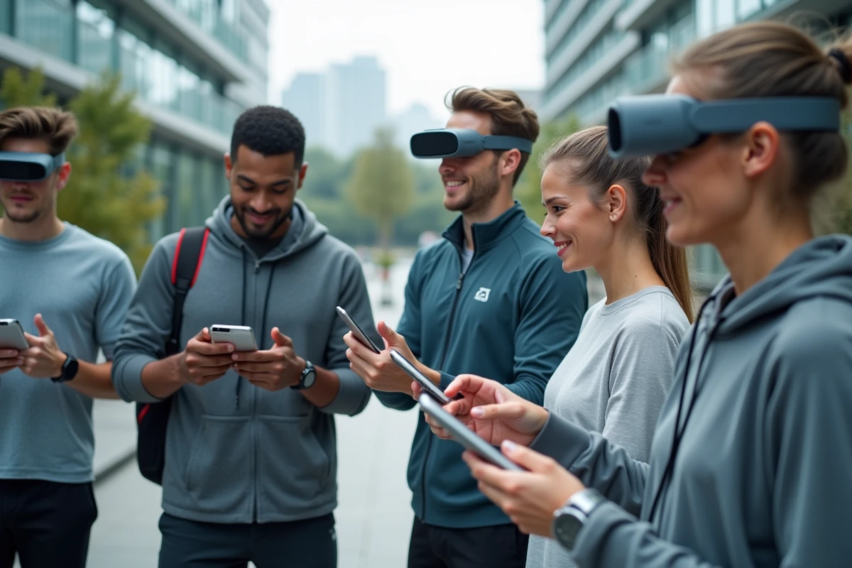 Groupe de jeunes en techwear utilisant la réalité augmentée en ville