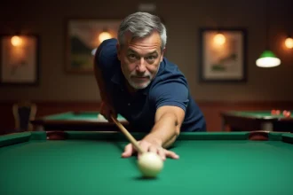 Joueur de billard concentré alignant un tir sur une table verte dans un club de billard