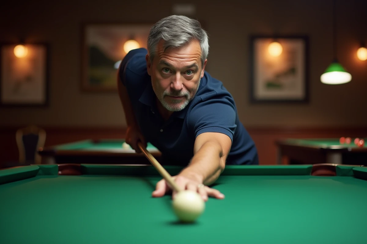 Joueur de billard concentré alignant un tir sur une table verte dans un club de billard