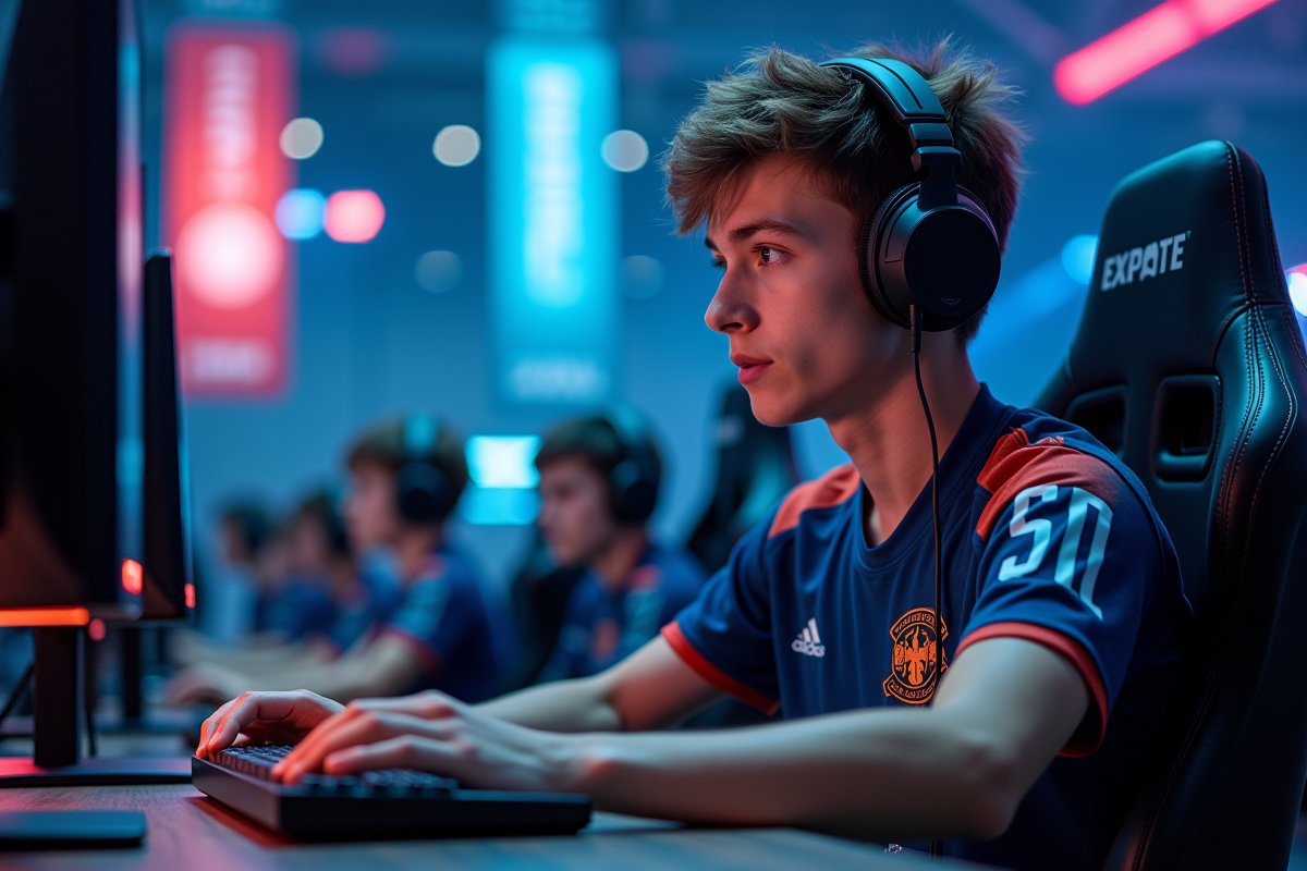 Jeune joueur esports concentré sur son ordinateur