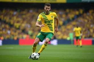 Joueur du FC Nantes en action avec le ballon lors d'un match de Ligue 1, illustrant la forme actuelle de l'équipe